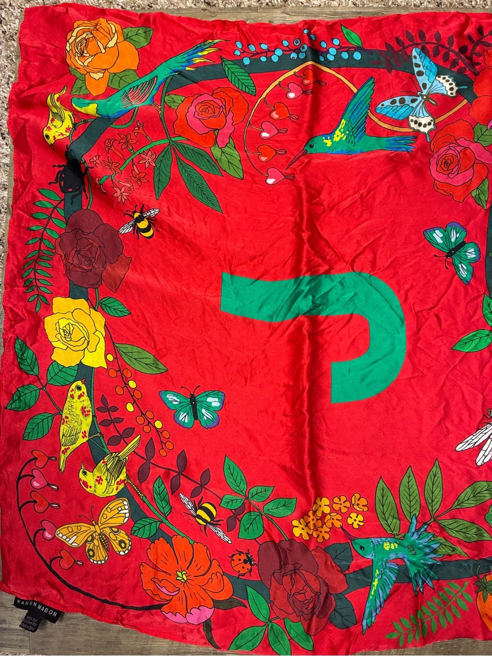 Anthropologie Karen Mabon 100% Silk J Printed Square Scarf Birds Flowers - Picture 2 of 9